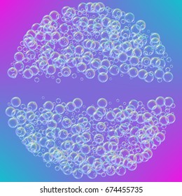 Shampoo foam round frame with realistic water bubbles on trendy gradient background. Cleaning liquid soap foam for bath and shower. Shampoo rainbow bubbles. Swimming pool flyer and invite.