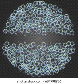 Shampoo foam round frame with realistic water bubbles on transparent background. Cleaning liquid soap foam for bath and shower. Shampoo rainbow bubbles. Swimming pool flyer and invite.