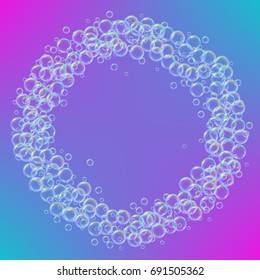 Shampoo foam round frame with realistic water bubbles on trendy gradient background. Cleaning liquid soap foam for bath and shower. Shampoo rainbow bubbles. Swimming pool flyer and invite.