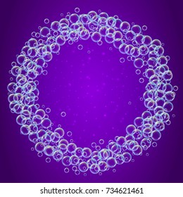 Shampoo foam round frame with realistic water bubbles on purple background. a