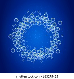 Shampoo foam small round frame with realistic water bubbles on shiny blue background. Cleaning liquid soap foam for bath and shower. Shampoo rainbow bubbles. Swimming pool flyer and invite.