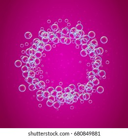Shampoo foam small round frame with realistic water bubbles on pink background. Cleaning liquid soap foam for bath and shower. Shampoo rainbow bubbles. Swimming pool flyer and invite.