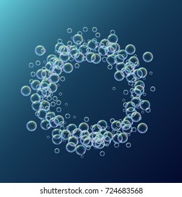 Shampoo foam small round frame with realistic water bubbles on deep blue background. Cleaning liquid soap foam for bath and shower. Shampoo rainbow bubbles. Swimming pool flyer and invite.