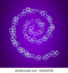 Shampoo foam spiral shape with realistic water bubbles on purple background. Cleaning liquid soap foam for bath and shower. Shampoo rainbow bubbles. Swimming pool flyer and invite.