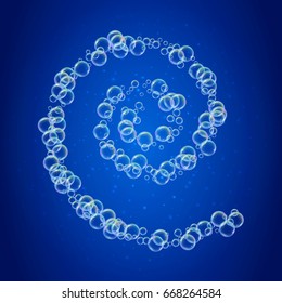 Shampoo foam spiral shape with realistic water bubbles on shiny blue background. Cleaning liquid soap foam for bath and shower. Shampoo rainbow bubbles. Swimming pool flyer and invite.