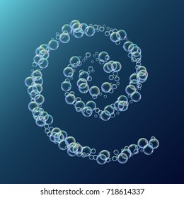 Shampoo foam spiral shape with realistic water bubbles on deep blue background. Cleaning liquid soap foam for bath and shower. Shampoo rainbow bubbles. Swimming pool flyer and invite.