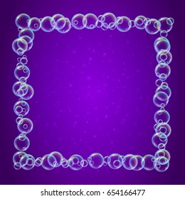 Shampoo foam square frame with realistic water bubbles on purple background. Cleaning liquid soap foam for bath and shower. Shampoo rainbow bubbles. Swimming pool flyer and invite.