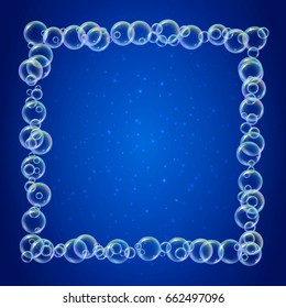 Shampoo foam square frame with realistic water bubbles on shiny blue background. Cleaning liquid soap foam for bath and shower. Shampoo rainbow bubbles. Swimming pool flyer and invite.