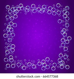 Shampoo foam square frame with realistic water bubbles on purple background. Cleaning liquid soap foam for bath and shower. Shampoo rainbow bubbles. Swimming pool flyer and invite.