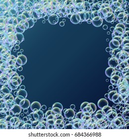 Shampoo foam square frame with realistic water bubbles on deep blue background. Cleaning liquid soap foam for bath and shower. Shampoo rainbow bubbles. Swimming pool flyer and invite.