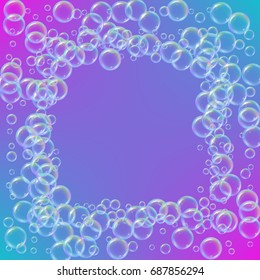 Shampoo foam square frame with realistic water bubbles on trendy gradient background. Cleaning liquid soap foam for bath and shower. Shampoo rainbow bubbles. Swimming pool flyer and invite.