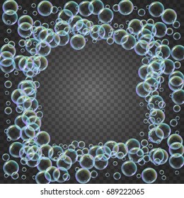 Shampoo foam square frame with realistic water bubbles on transparent background. Cleaning liquid soap foam for bath and shower. Shampoo rainbow bubbles. Swimming pool flyer and invite.
