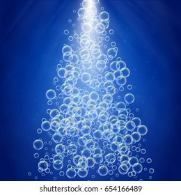 Shampoo foam in stream shape with realistic water bubbles on blue background with sunshine flare. Cleaning liquid soap foam for bath and shower. Shampoo rainbow bubbles. Swimming pool flyer and invite
