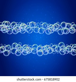 Shampoo foam in stripes with realistic water bubbles on shiny blue background. Cleaning liquid soap foam for bath and shower. Shampoo rainbow bubbles. Swimming pool flyer and invite.