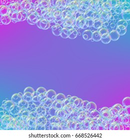 Shampoo foam wavy frame with realistic water bubbles on trendy gradient background. Cleaning liquid soap foam for bath and shower. Shampoo rainbow bubbles. Swimming pool flyer and invite.