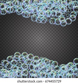 Shampoo foam wavy frame with realistic water bubbles on transparent background. Cleaning liquid soap foam for bath and shower. Shampoo rainbow bubbles. Swimming pool flyer and invite.