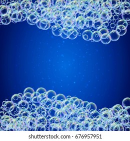 Shampoo foam wavy frame with realistic water bubbles on shiny blue background. Cleaning liquid soap foam for bath and shower. Shampoo rainbow bubbles. Swimming pool flyer and invite.