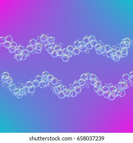 Shampoo foam in wavy lines with realistic water bubbles on trendy gradient background. Cleaning liquid soap foam for bath and shower. Shampoo rainbow bubbles. Swimming pool flyer and invite.