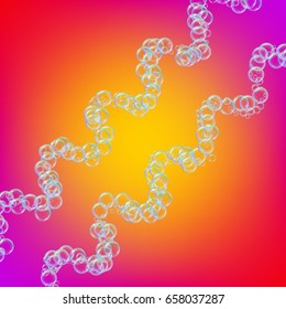 Shampoo foam in wavy lines with realistic water bubbles on multicolored vibrant background. Cleaning liquid soap foam for bath and shower. Shampoo rainbow bubbles. Swimming pool flyer and invite.
