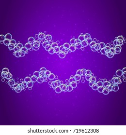 Shampoo foam in wavy lines with realistic water bubbles on purple background. Cleaning liquid soap foam for bath and shower. Shampoo rainbow bubbles. Swimming pool flyer and invite.