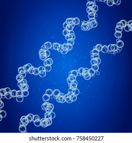 Shampoo foam in wavy lines with realistic water bubbles on shiny blue background. Cleaning liquid soap foam for bath and shower. Shampoo rainbow bubbles. Swimming pool flyer and invite.