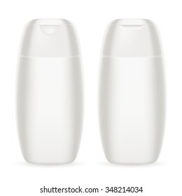 Shampoo, Gel Or Lotion White Plastic Bottle With Lid On White Background Isolated. Ready For Your Design. EPS 10 vector file included