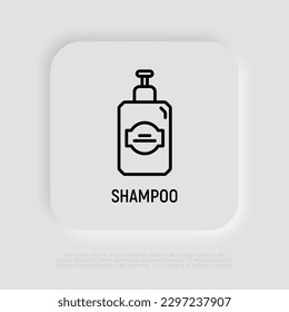 Shampoo en frasco de vidrio con icono de línea delgada dispensor. Cosméticos orgánicos. Ilustración vectorial moderna para un taller de belleza.