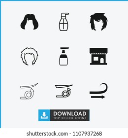 Shampoo icon. collection of 9 shampoo filled and outline icons such as beauty salon, hairstyle, straight hair, bottle soap. editable shampoo icons for web and mobile.
