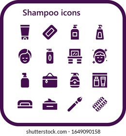 shampoo icon set. 16 filled shampoo icons.  Simple modern icons such as: Gel, Soap, Makeup, Vanity, Cosmetics, Nail dryer, Hair mask, Hair curler