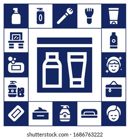 shampoo icon set. 17 filled shampoo icons. Included Soap, Vanity, Gel, Shampoo, Makeup, Cosmetics, Hair mask, Nail dryer icons