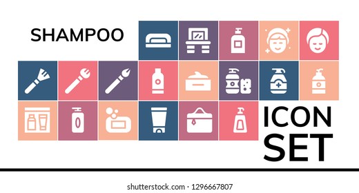  shampoo icon set. 19 filled shampoo icons. Simple modern icons about  - Nail dryer, Makeup, Gel, Soap, Cosmetics, Shampoo, Hair mask, Vanity