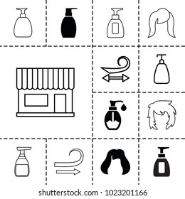 Shampoo icons. set of 13 editable filled and outline shampoo icons such as hairstyle, bottle soap, soap, curly hair
