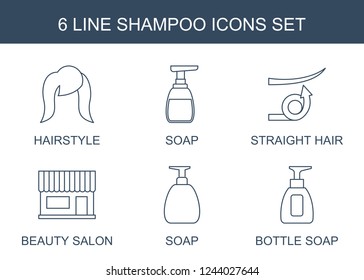 shampoo icons. Set of 6 line shampoo icons included hairstyle, soap, straight hair, beauty salon, bottle soap on white background. Editable shampoo icons for web, mobile and infographics.