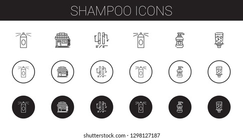shampoo icons set. Collection of shampoo with hairspray, barbershop, ph, dispenser. Editable and scalable shampoo icons.