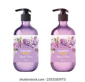 Diseño de etiquetas de champú, diseño de botellas de champú de lavanda, ilustración vectorial de diseño de etiquetas de vectores, paquete EPS, etiqueta y mofa aislados en blanco