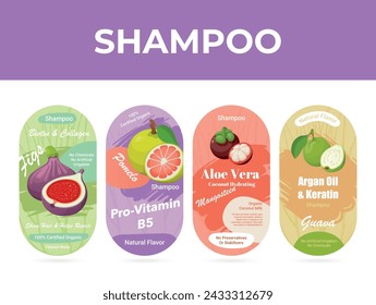 Shampoo labels design template natural organic hair care cosmetic package sticker set vector illustration. Daily human hygiene beauty washing branding tag mark fruits figs pamelo mangosteen guava