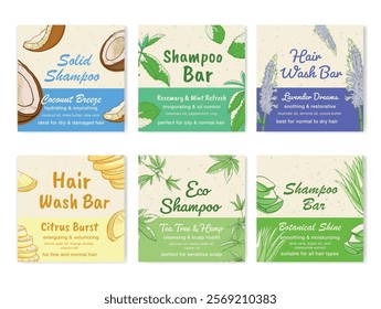 Shampoo labels with unique scents. Each label highlights ingredients, scent profiles, and suitability for different hair types, highlighting natural care.