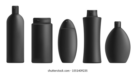 Shampoo or liquid soap plastic black bottles set of various shapes mockups 3d realistic vector illustration isolated on white background. Cosmetic packaging template.