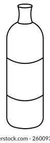 Shampoo in a long bottle with a screw cap. The label is empty. Sketch. Vector illustration. Hair washing product in a bottle. Outline on an isolated white background. Coloring for children. 
