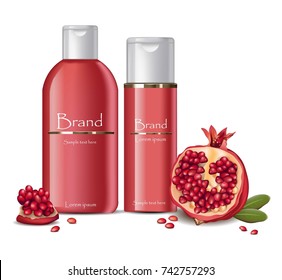 Shampoo and lotion Cosmetics realistic mock up. Pomegranate extract products Vector. Hydration cream Perfect for advertising, flyer, banner, poster. 3d illustrations