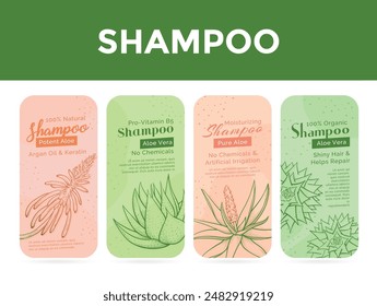 Shampoo natural vitamin moisturizing organic hair care cosmetic product label design template vector flat illustration. Foaming bath hygiene hairstyle repair beauty soap with aloe vera engraved emblem