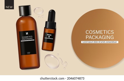 Shampoo and oil cosmetics packaging design vector realistic. Brand mock up banner water drops background
