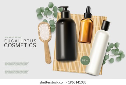 Shampoo and oils on Bamboo mat vector realistic Natural sustainable materials product placement mock up