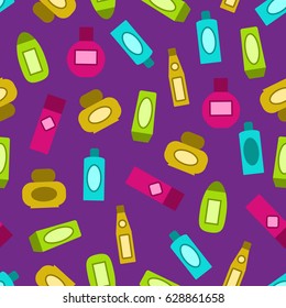 Shampoo pattern. Colorful vector seamless background with cosmetic bottles