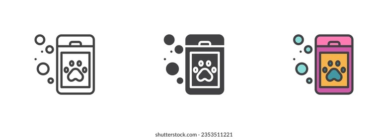 Shampoo for pets different style icon set. Line, glyph and filled outline colorful version, outline and filled vector sign. Symbol, logo illustration. Vector graphics