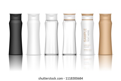 Shampoo plastic bottle isolated on white background. Liquid container for gel, lotion, cream, bath foam. Beauty product package (transparent), vector illustration.
