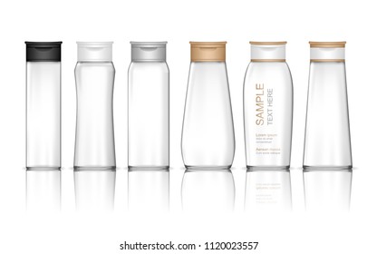 Shampoo plastic bottle isolated on white background. Liquid container for gel, lotion, cream, bath foam. Beauty product package (transparent), vector illustration.