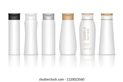 Shampoo plastic bottle isolated on white background. Liquid container for gel, lotion, cream, bath foam. Beauty product package, vector illustration.