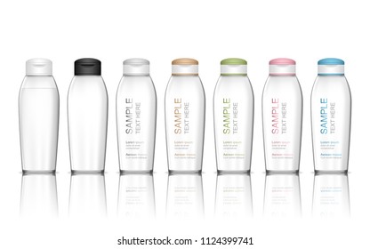 Shampoo plastic bottle isolated on white background. Liquid container for gel, lotion, cream, bath foam. Beauty product package (transparent), vector illustration.