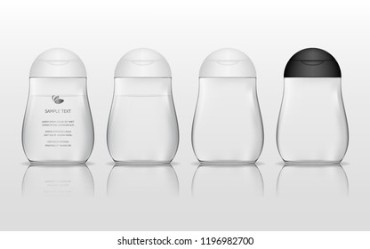 Shampoo plastic bottle isolated on white background (transparent). Liquid container for gel, lotion, cream, bath foam. Beauty product package, vector illustration.